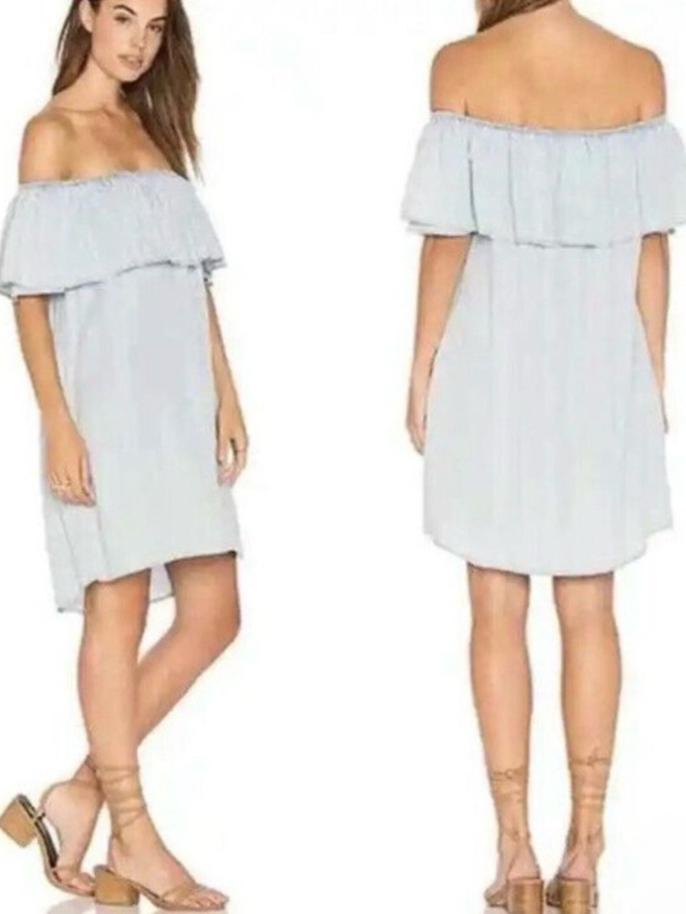 💙Spense Dress Womens Light Blue Chambray Ruffle Neck On Off Shoulder EUC XXL